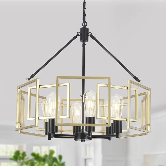 6-Light 24" Industrial Farmhouse Chandelier with Metal Geometric Shade - Picture 1 of 5